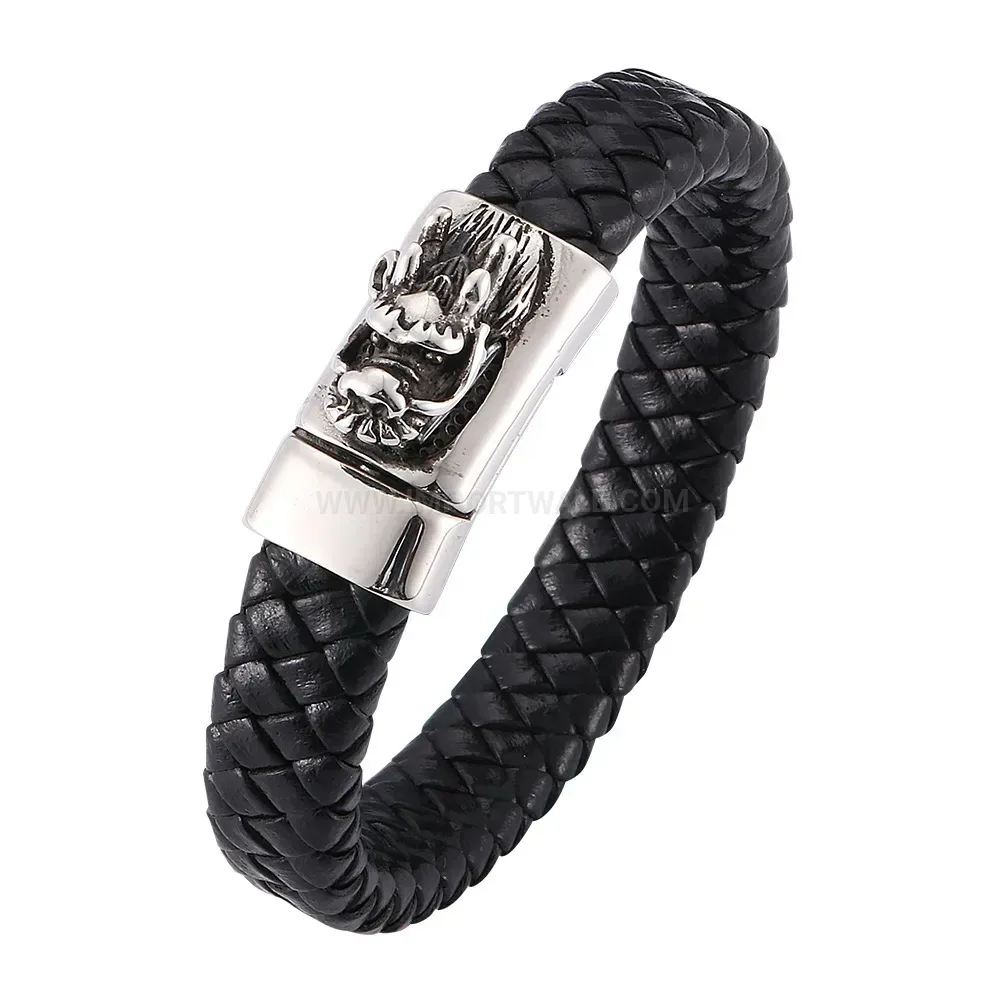 Vintage Dragon Head Leather Bracelet With Stainless Steel Magnetic Closure