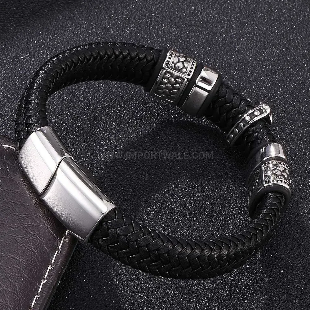 Trendy Braided Leather Stainless Steel Cross Magnetic Clasp Bracelet