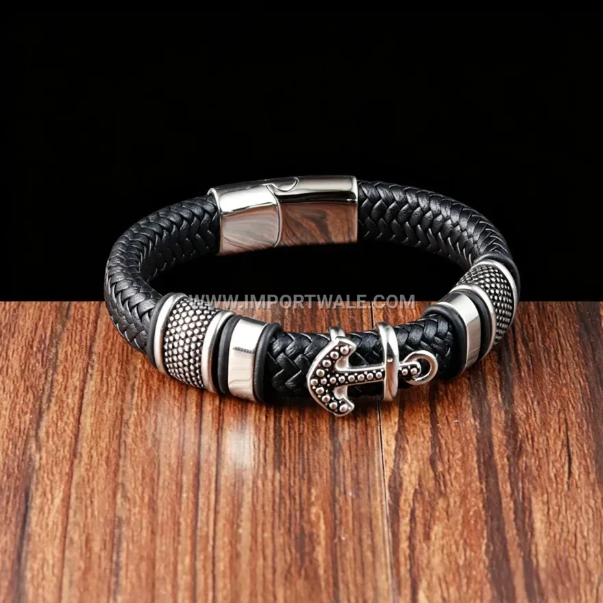 Nautical Anchor Braided Leather Wrap Bracelet