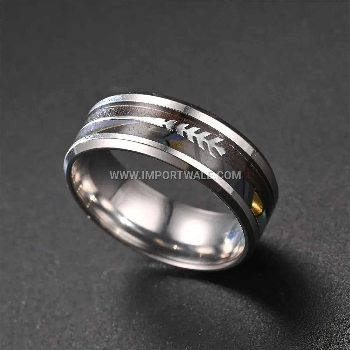 Stainless Steel Arrow Pattern Ring with Shell Inlay Detail