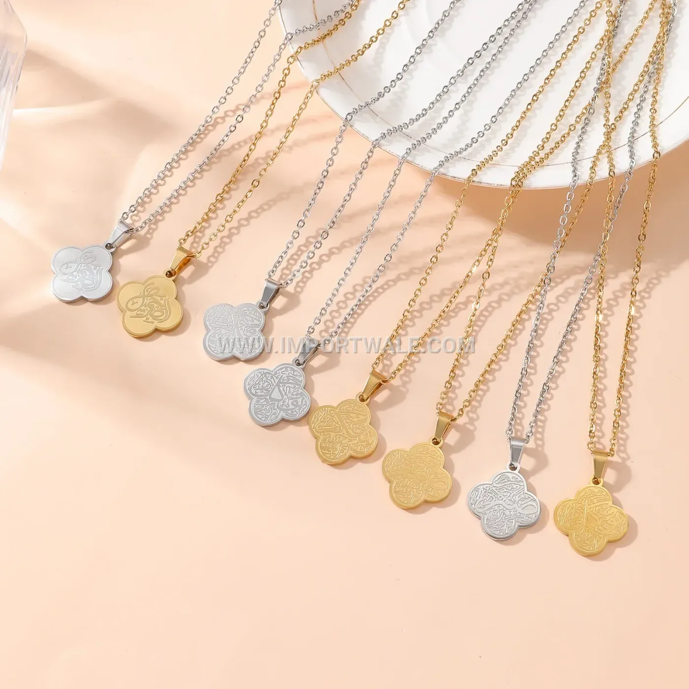 Double Sided Inscribed Clover Stainless Steel Pendant Necklace