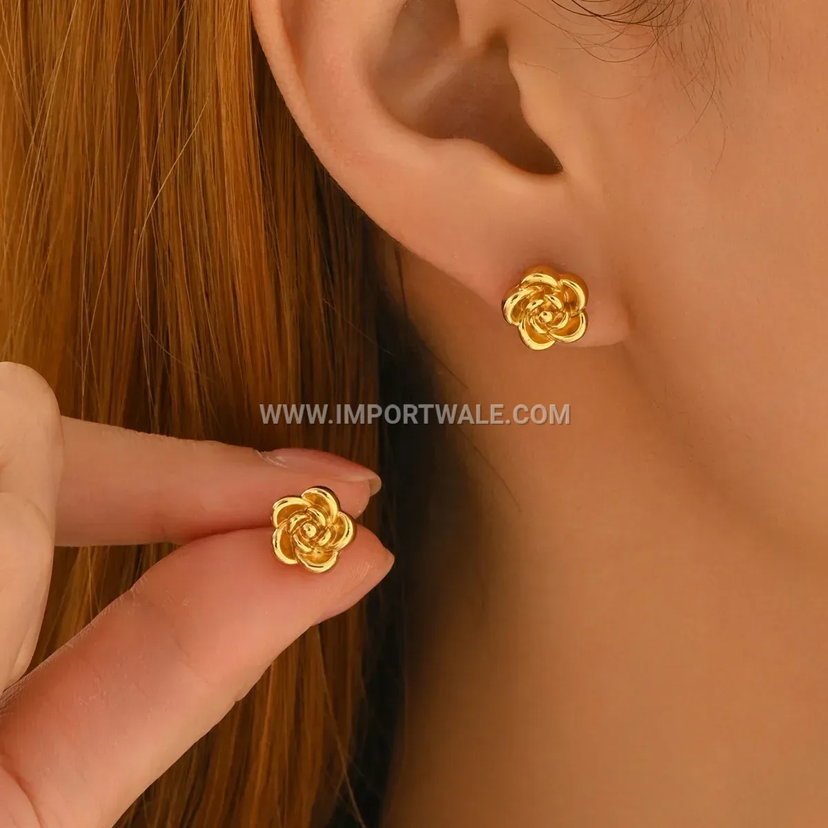 Gold Plated Stainless Steel Rose Flower Stud Earrings