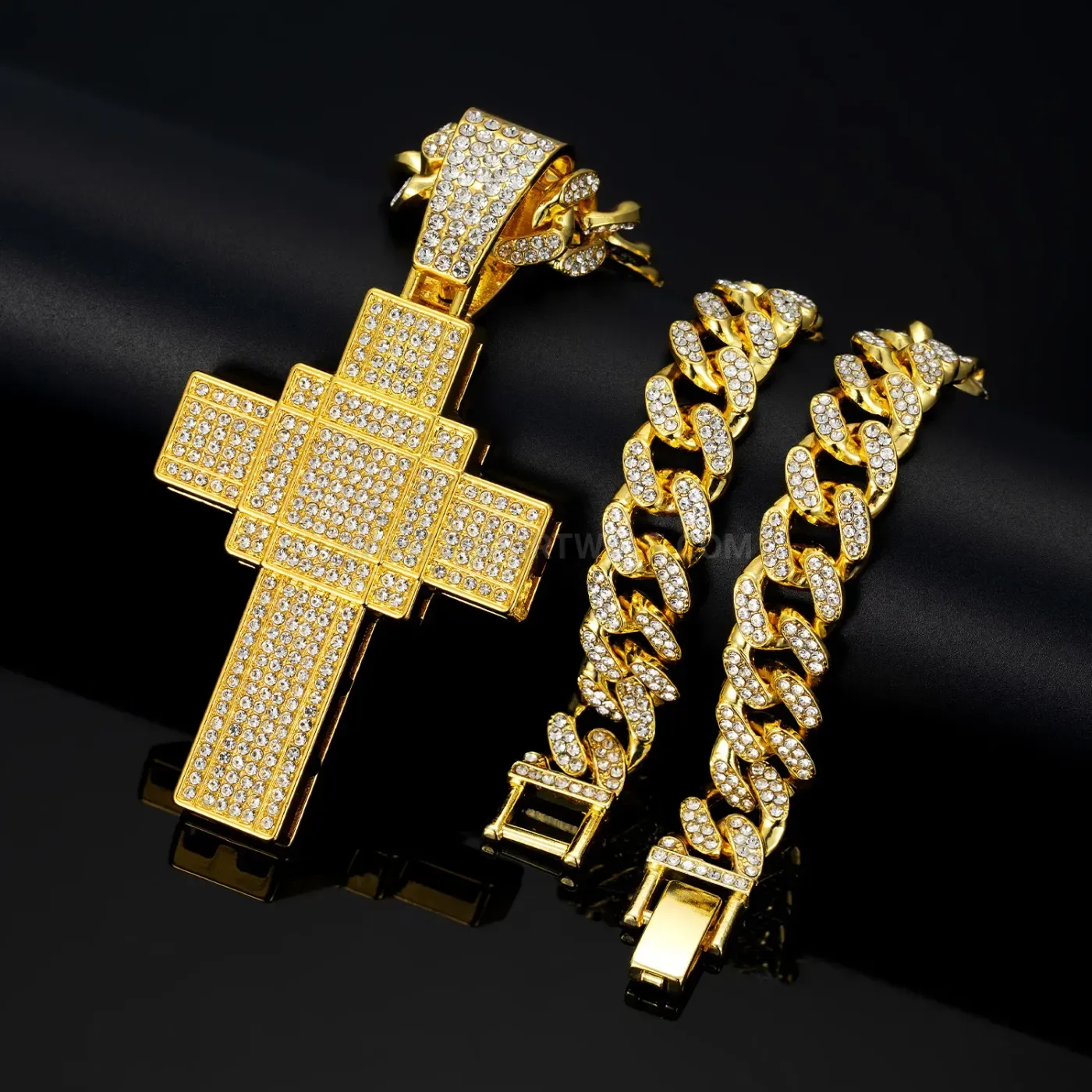 Bold Crystal Encrusted Cross Pendant Heavy Cuban Chain Necklace