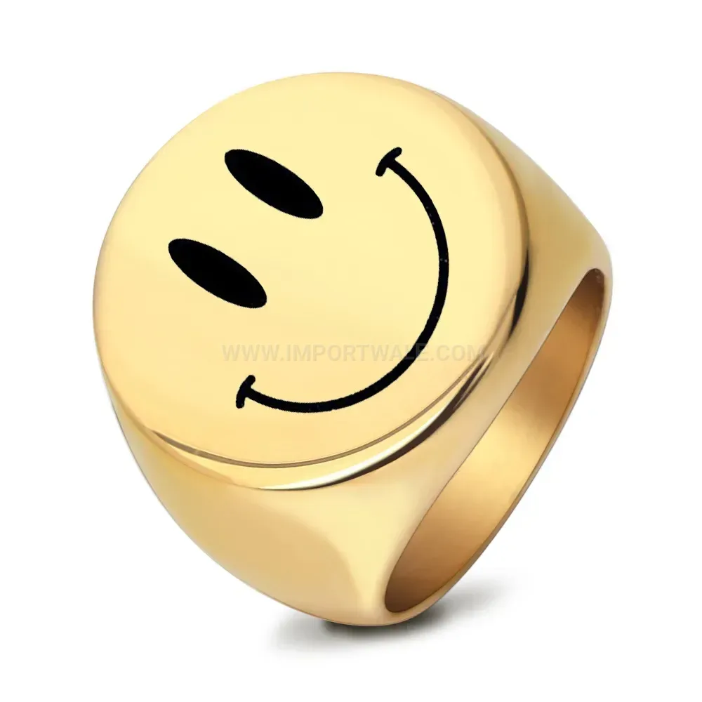 Bold Laser Engraved Circular Smiley Face Stainless Steel Signet Ring