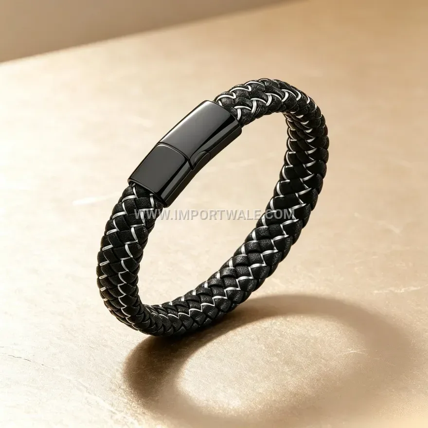 Braided PU Leather Titanium Steel Magnetic Clasp Bracelet