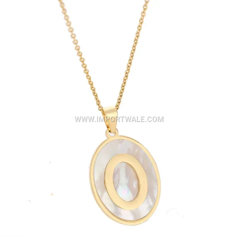 Gold Stainless Steel Shell Circular Disc Pendant Necklace