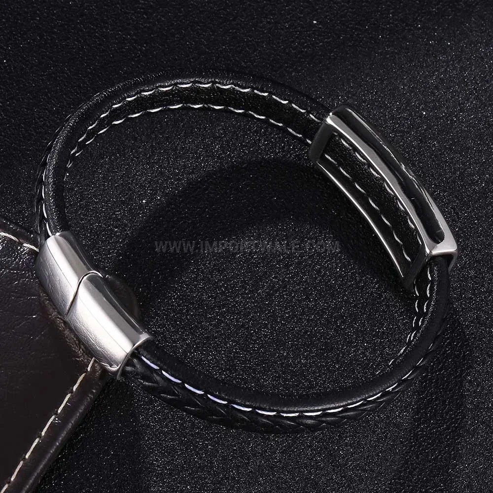 Smooth Microfiber Leather Bracelet With Stainless Steel Accent Bar