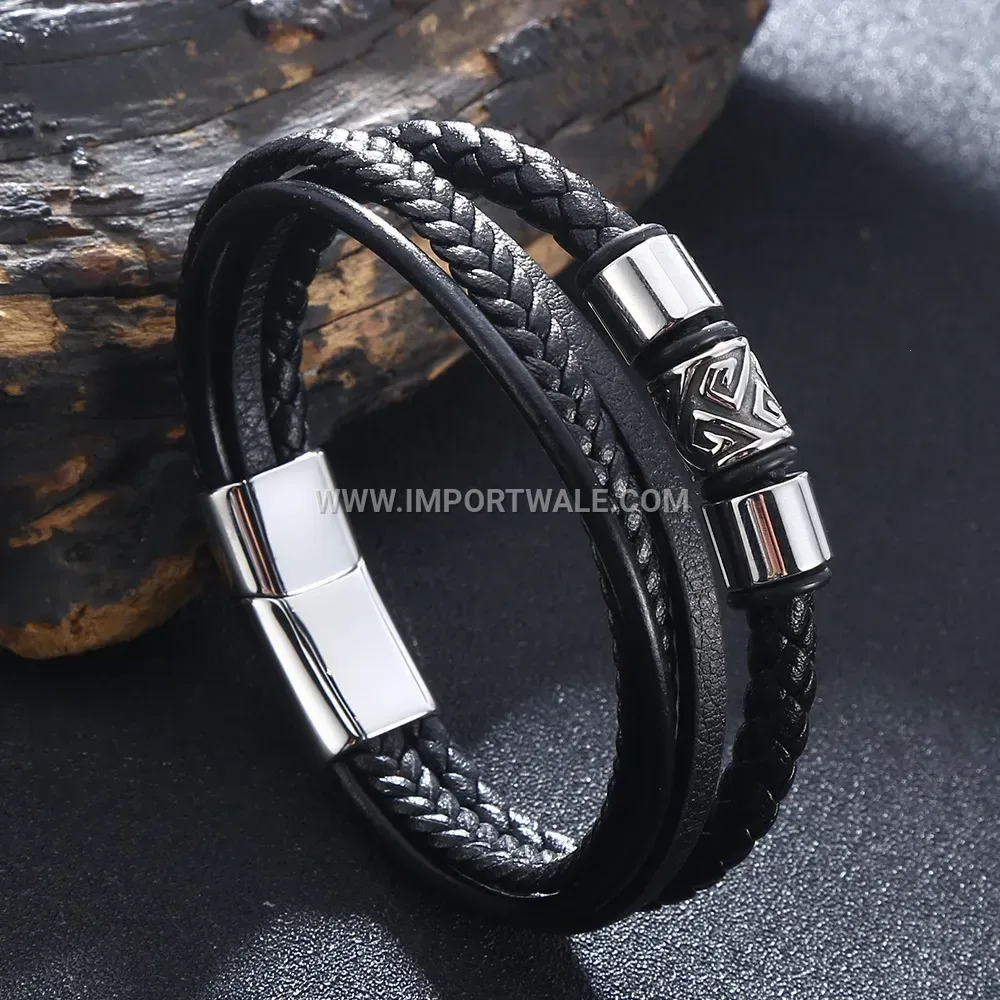 Multi Layer Handwoven Leather Men Stainless Steel Cuff Bracelet