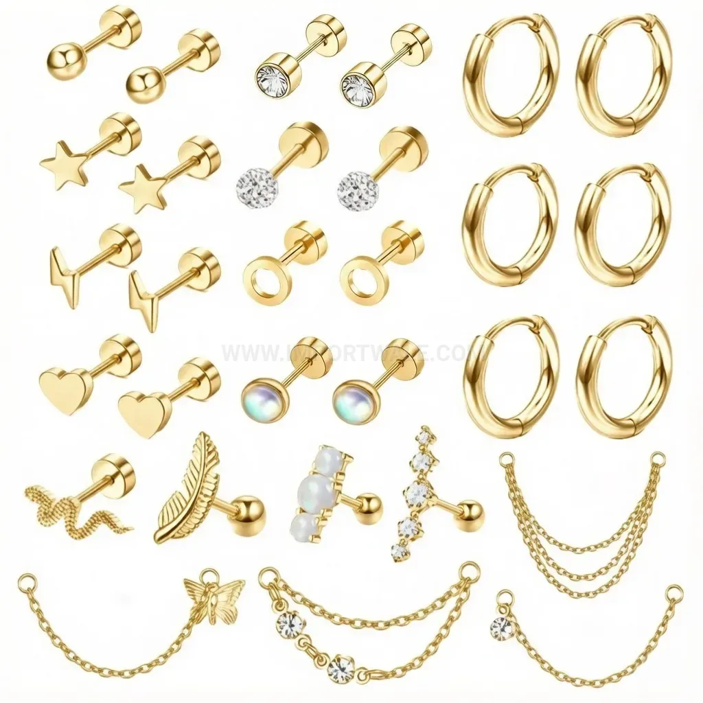 Bold Graceful Feather Chain Stainless Steel Piercing Huggie Earring Set