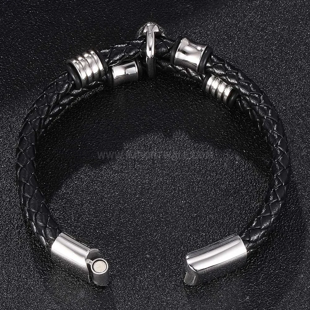 Trendy Buddha Emblem Stainless Steel and Leather Cord Wristband