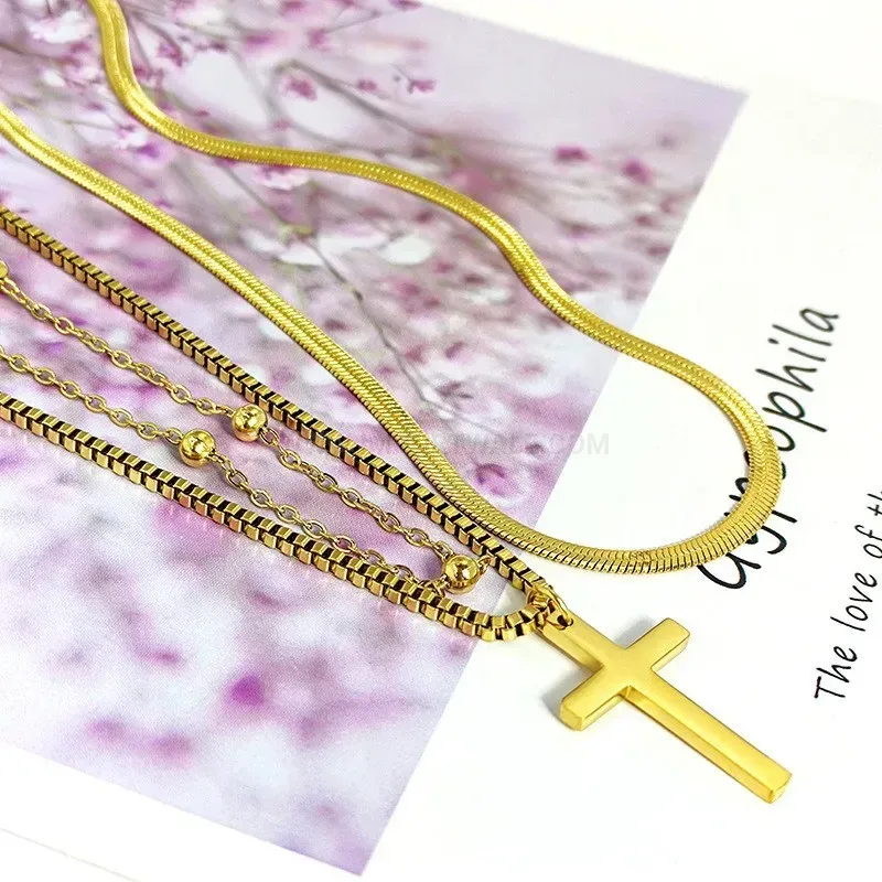 Designer Multi Layer Titanium Steel Cross Pendant Chain Necklace