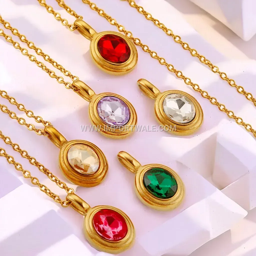 Gold Tone Titanium Steel Oval Gemstone Link Chain Necklace