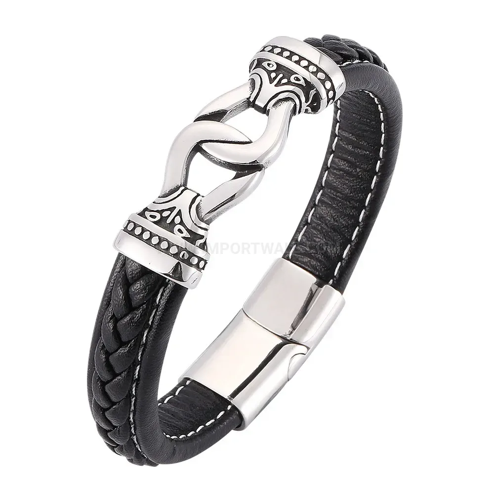 Elegant Vintage Totem Stitched Leather Stainless Steel Bracelet