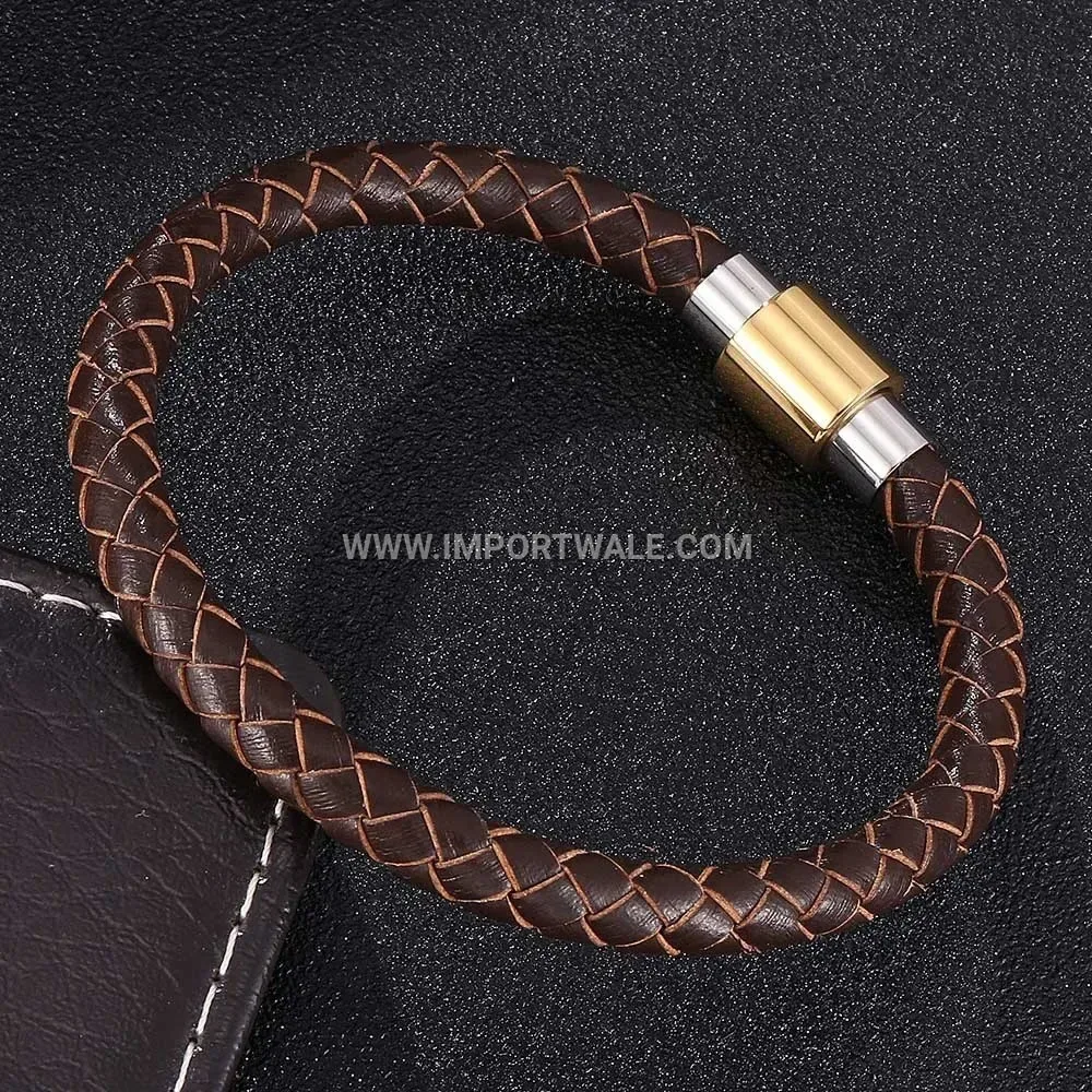 Two-Tone Stainless Steel and Braided Leather Coded Wrap Bracelet