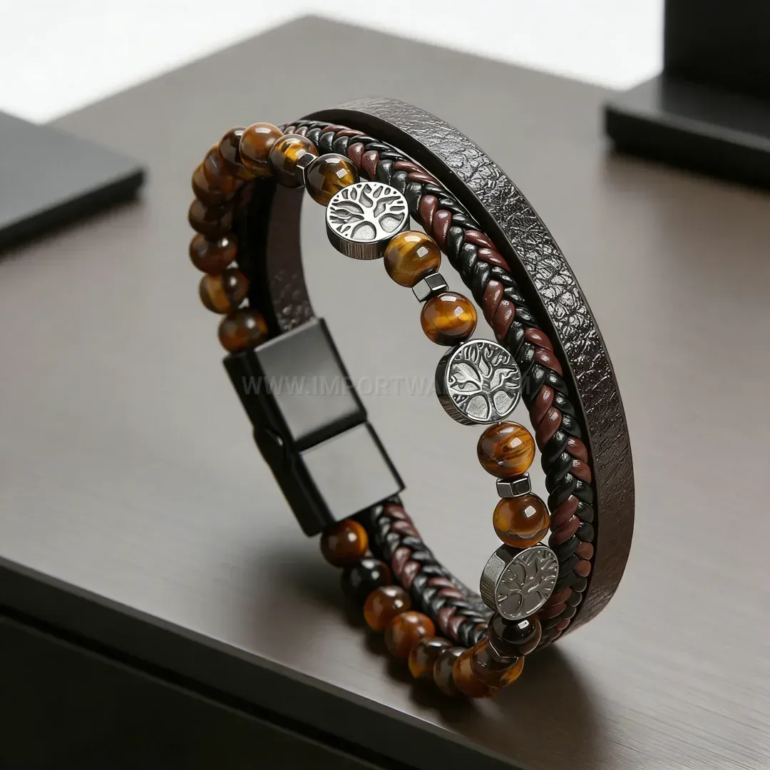 Elegant Tree of Life Natural Stone Beaded Leather Magnetic Bracelet