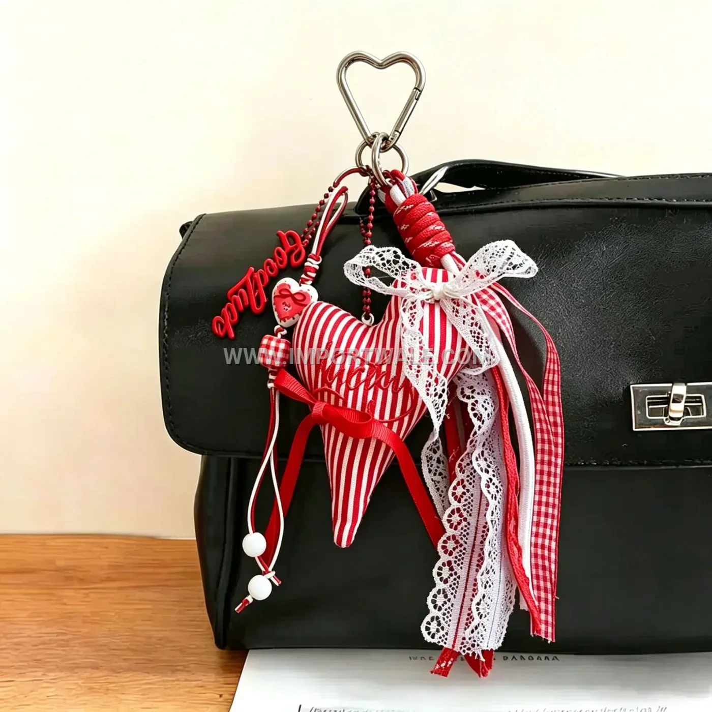 Embroidered Fabric Striped Heart Charm Keychain