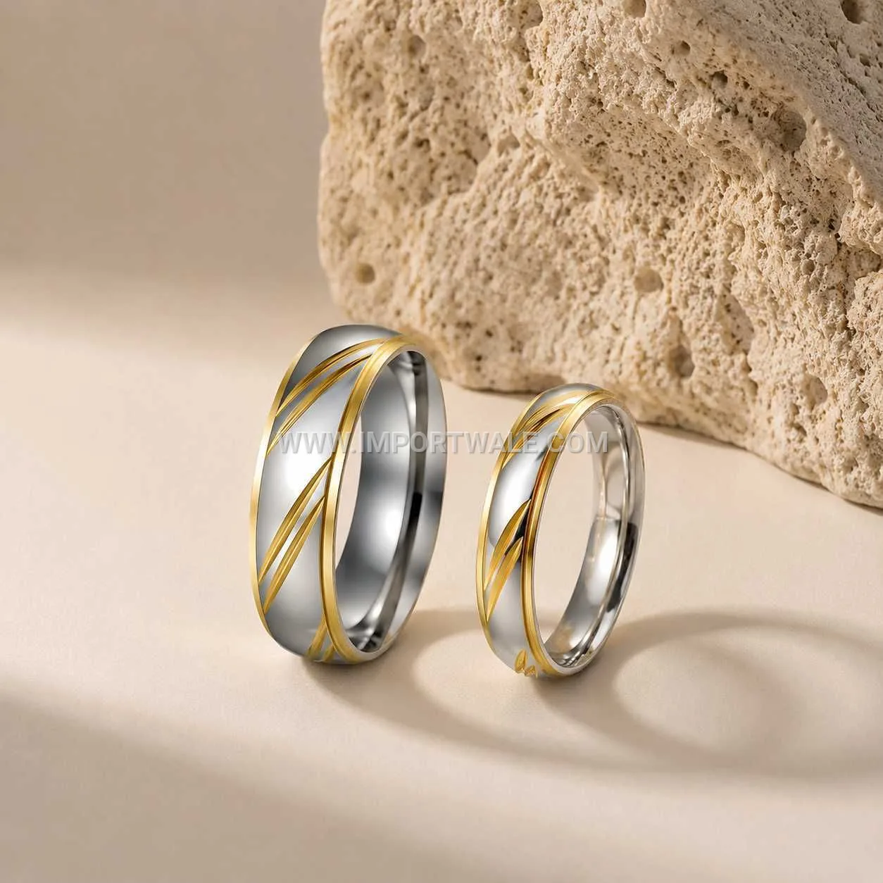 Two-Tone Stainless Steel Slanted Channel Cubic Zirconia Band Ring