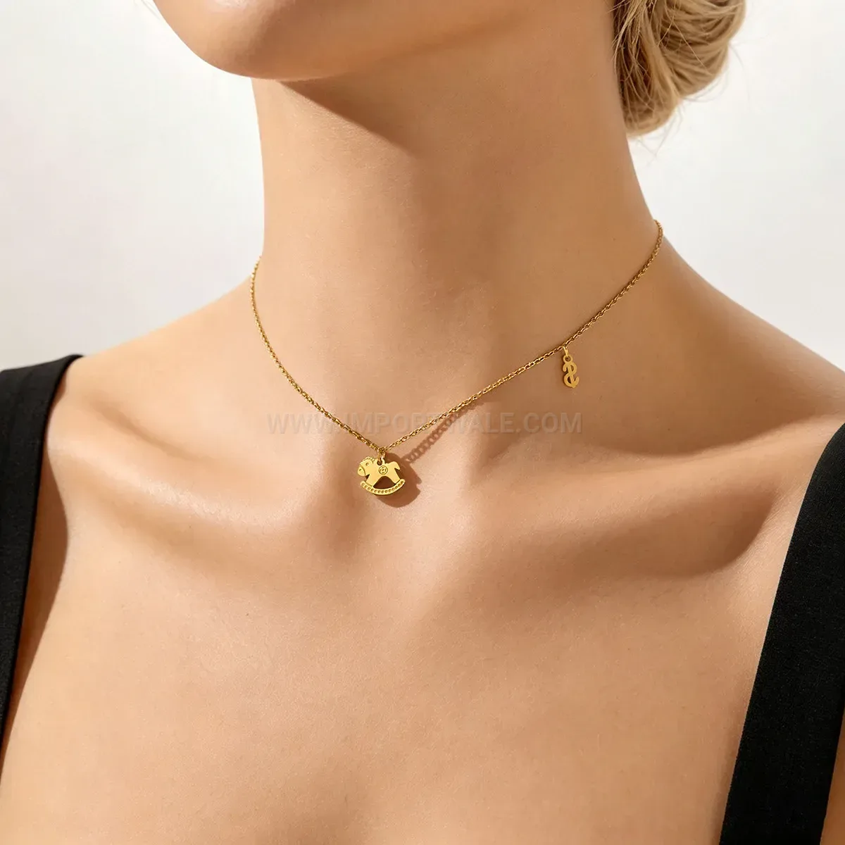 Stylish Gold Tone Stainless Steel Trojan Horse Coin Pendant Necklace