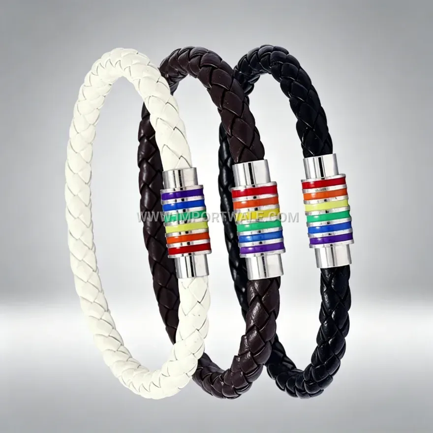 Braided Rainbow Accent PU Leather Wristband With Magnetic Clasp