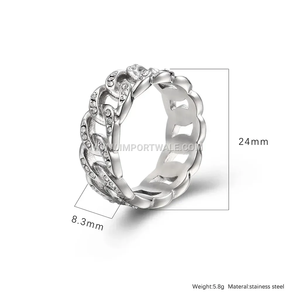Cuban Chain Stainless Steel Ring with Cubic Zirconia