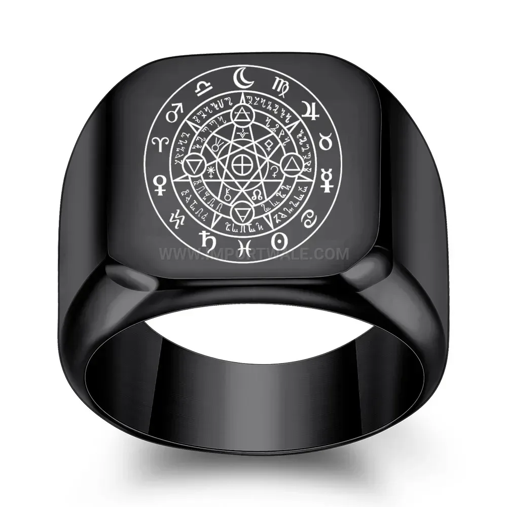 Classic Vintage Zodiac Laser Engraved Square Stainless Steel Ring