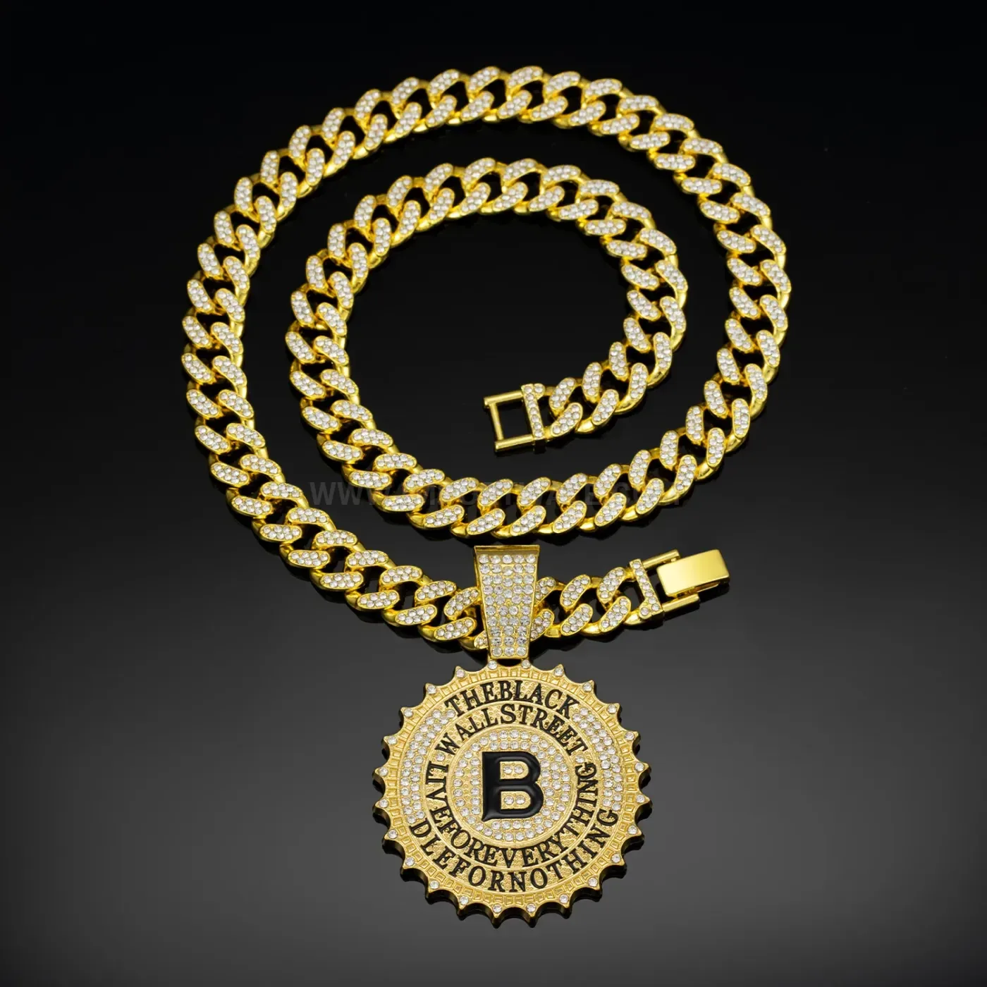 Iced Out Round Letter B Medallion Hip Hop Pendant Necklace