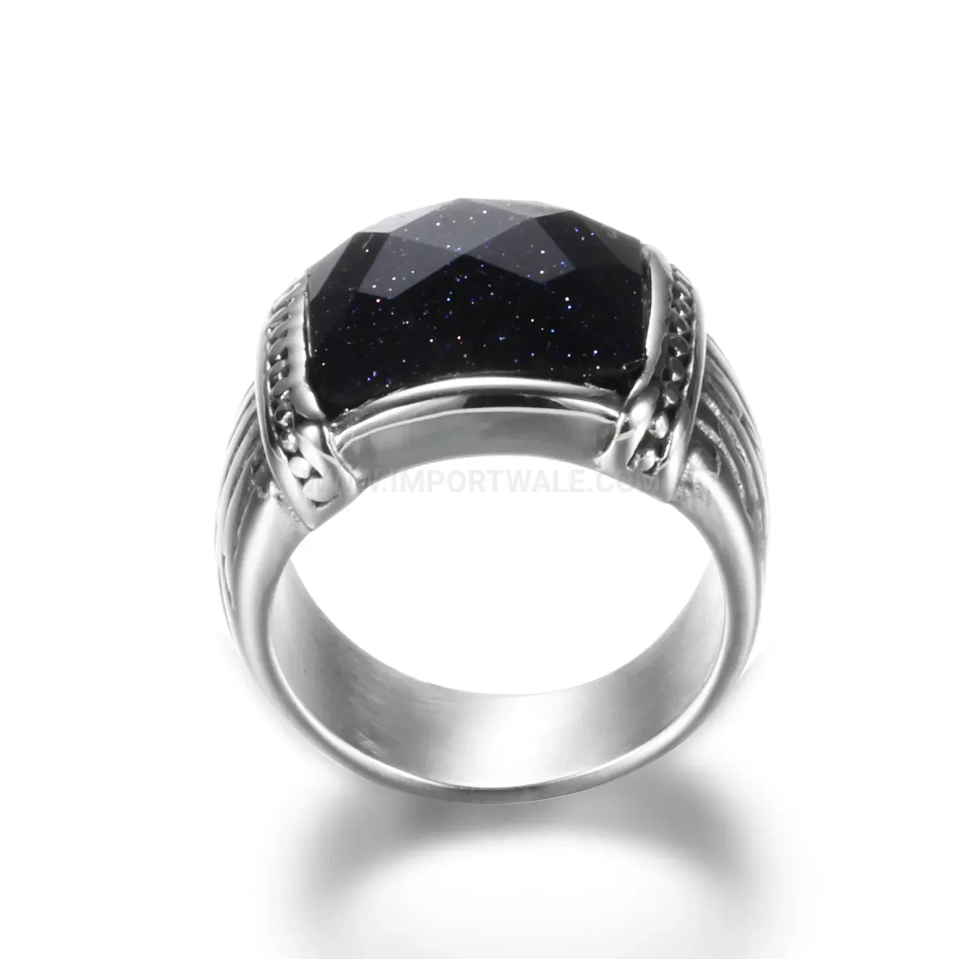 Fashion Stainless Steel Gemstone Inlaid Square Signet Band Ring