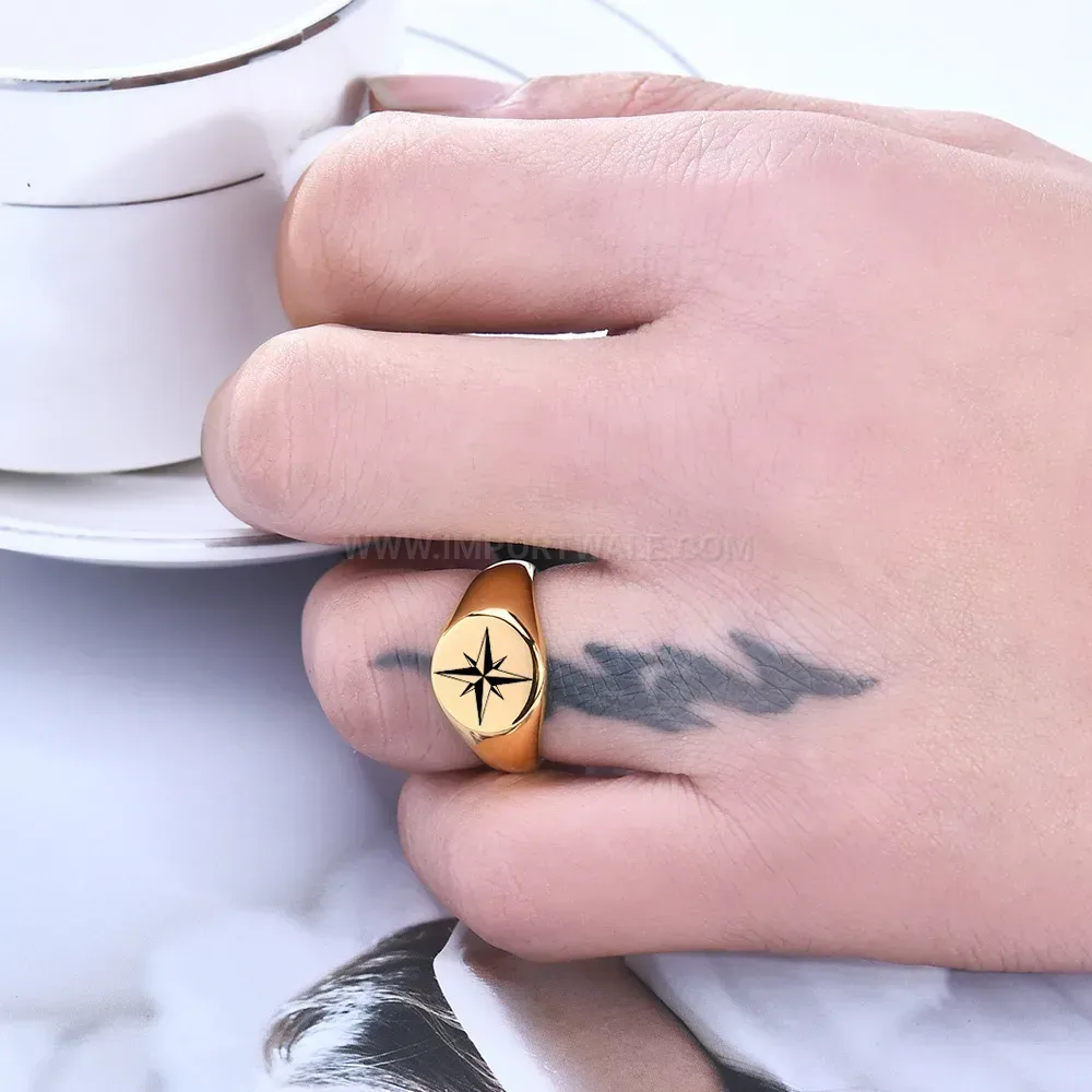 Premium Minimalist Eight Point Star Engraved Stainless Steel Round Ring