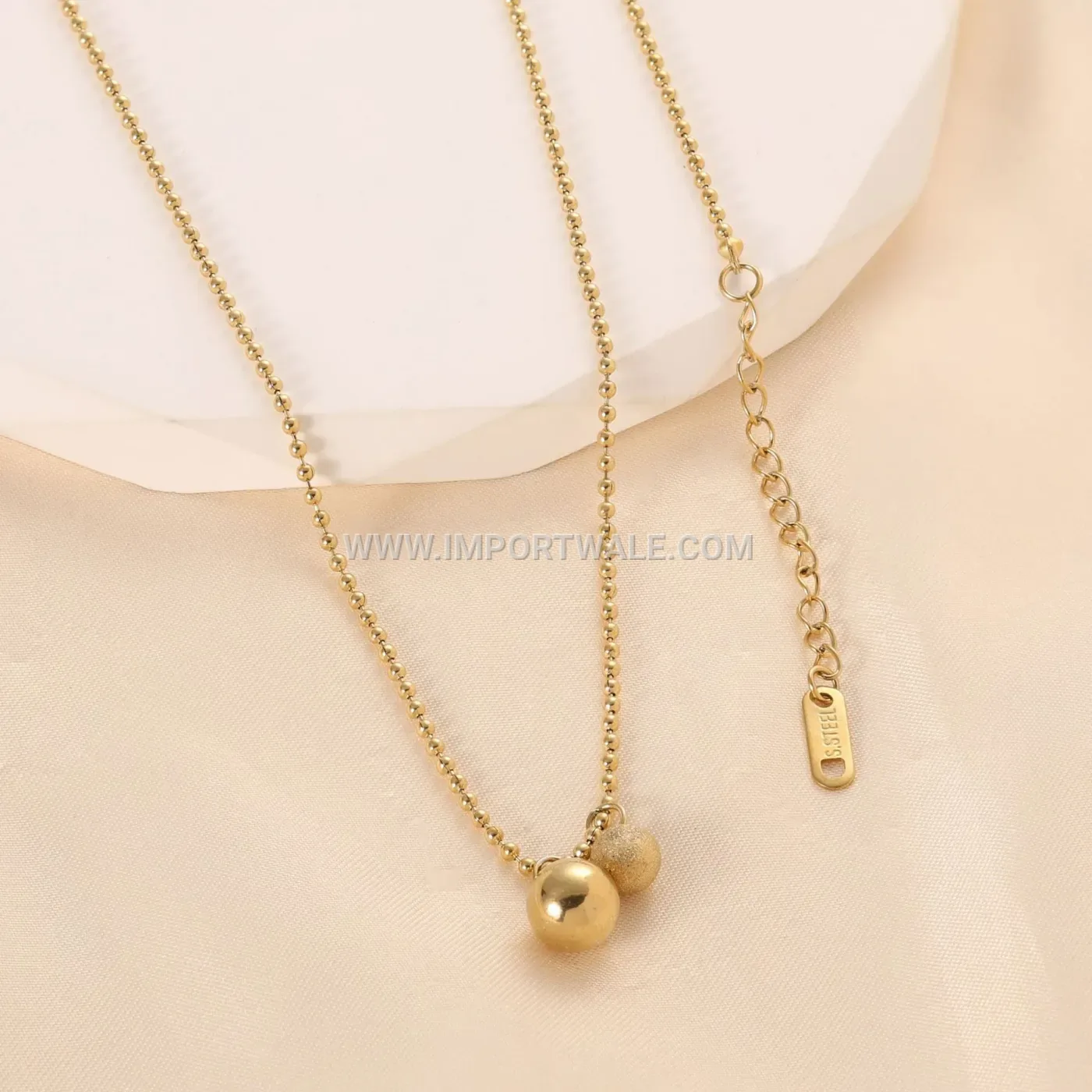Gold Plated Stainless Steel Dual Bead Pendant Choker Necklace
