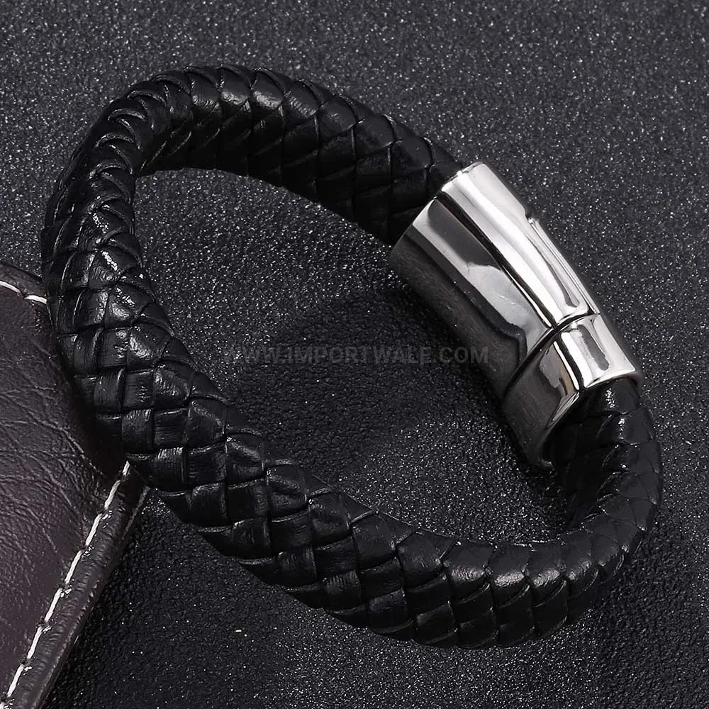 Owl Detail Genuine Leather Bracelet With Stainless Steel Magnetic Clasp