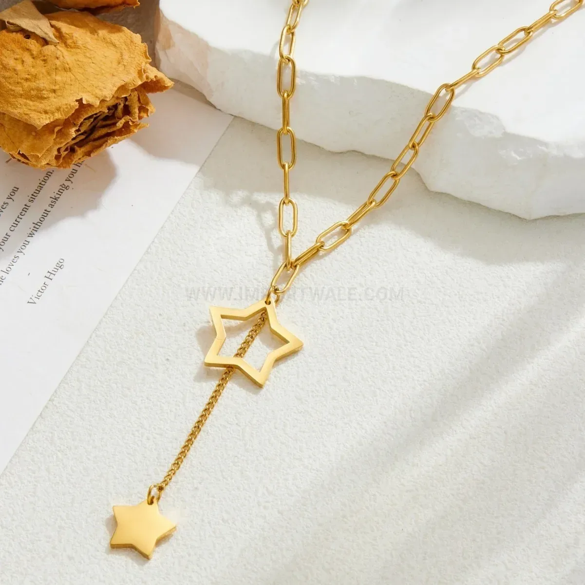 Premium Gold Titanium Steel Pentagram Tassel Chain Clavicle Necklace