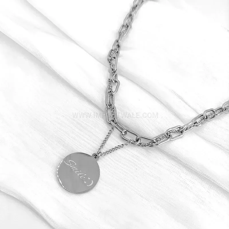 Trendy Multi Layer Titanium Steel Double Smile Round Tag Pendant Necklace