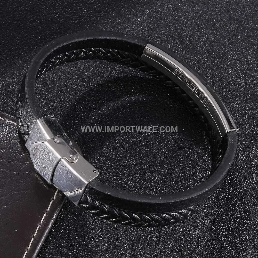 Minimalist Engravable Leather Cuffed Bracelet with Stainless Steel Detail