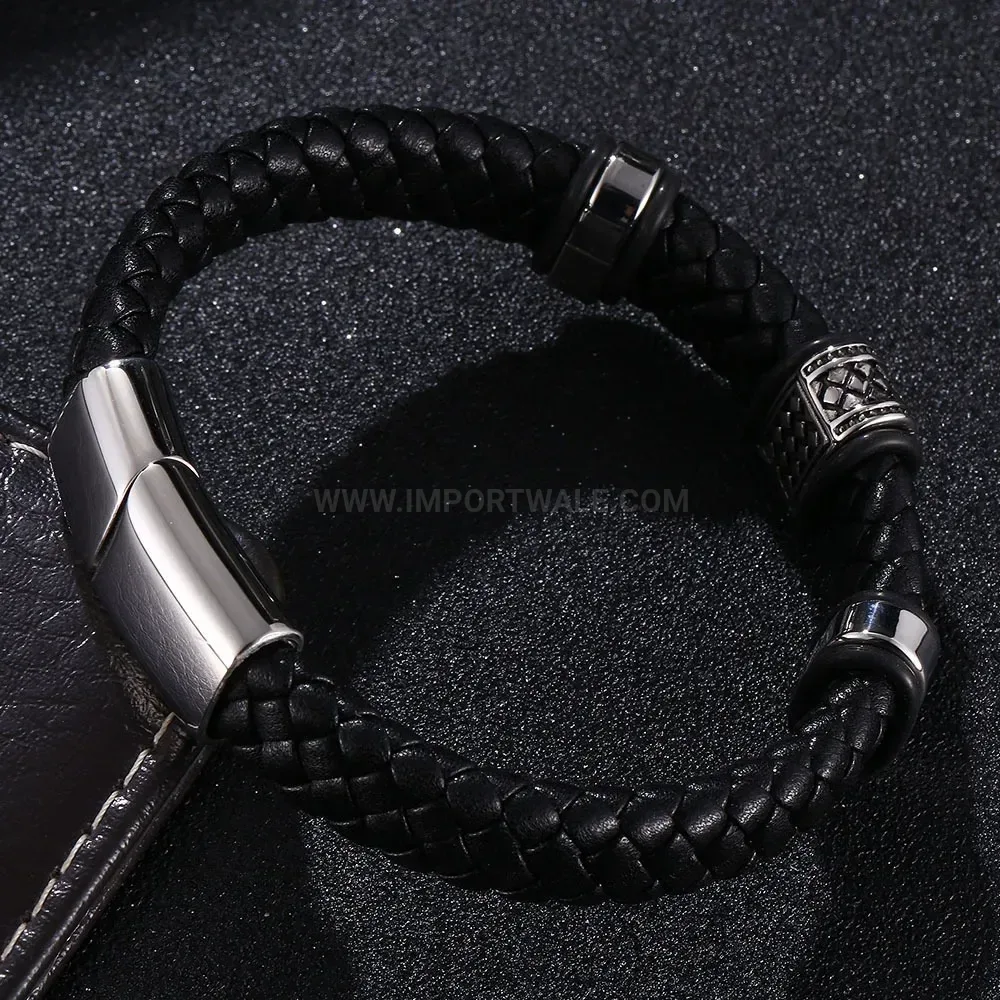 Vintage Woven Leather Bracelet with Stainless Steel Clasp