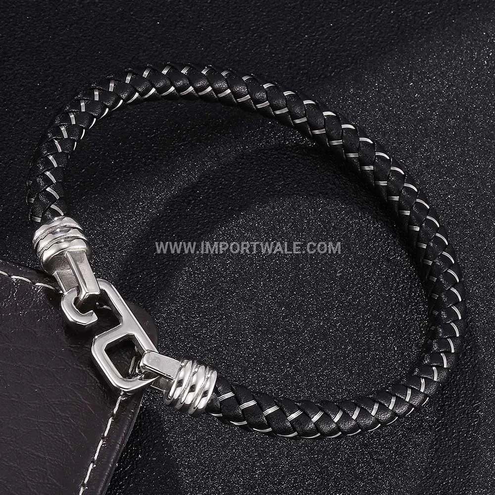 Braided Leather and Wire Accent Stainless Steel Cuff