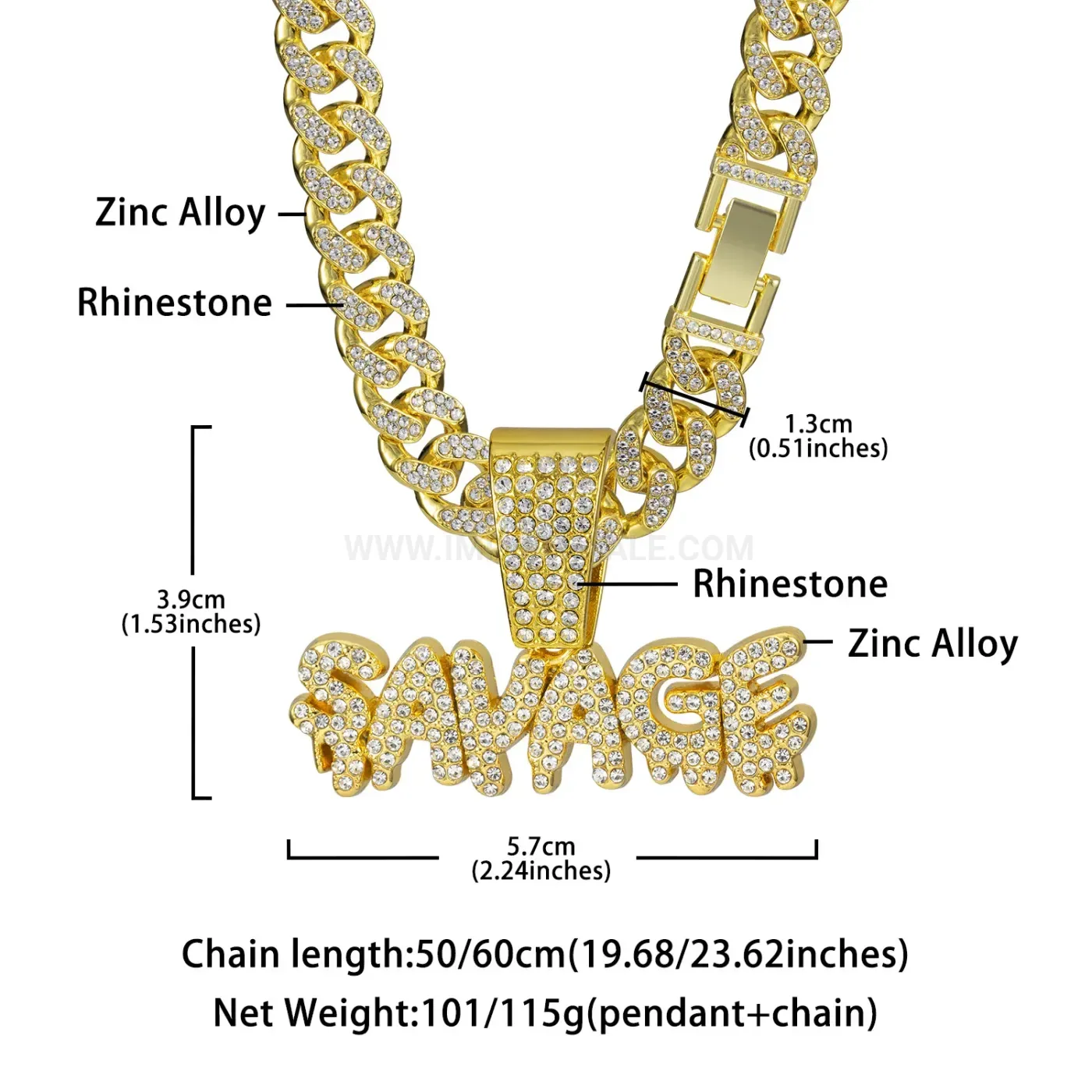 Premium SAVAGE Letter Rhinestone Alloy Cuban Chain Necklace