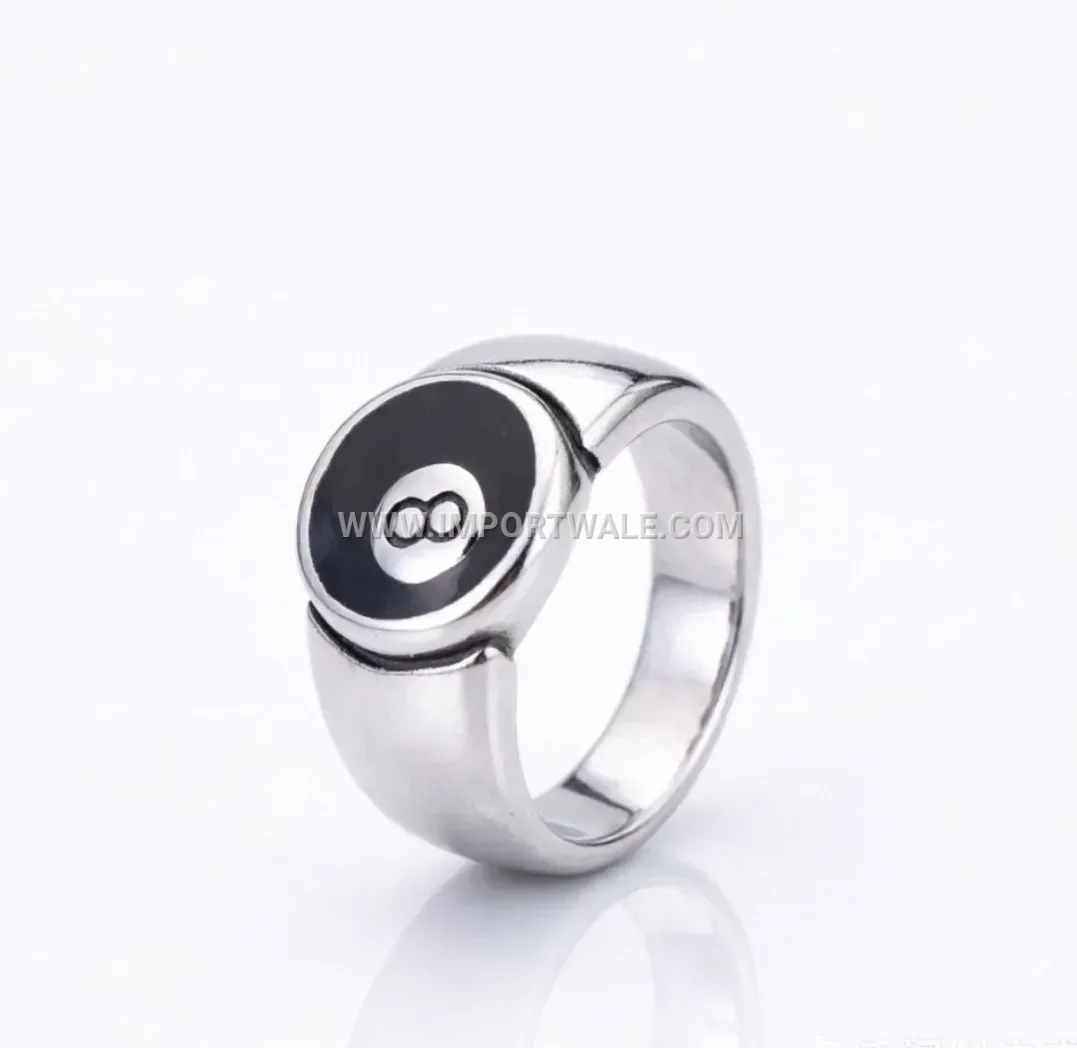 Vintage Stainless Steel Black Epoxy Eight Ball Ring for Men