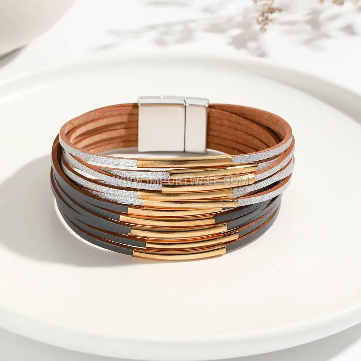 Dual Tone Multi Strand Faux Leather Wrap Bracelet