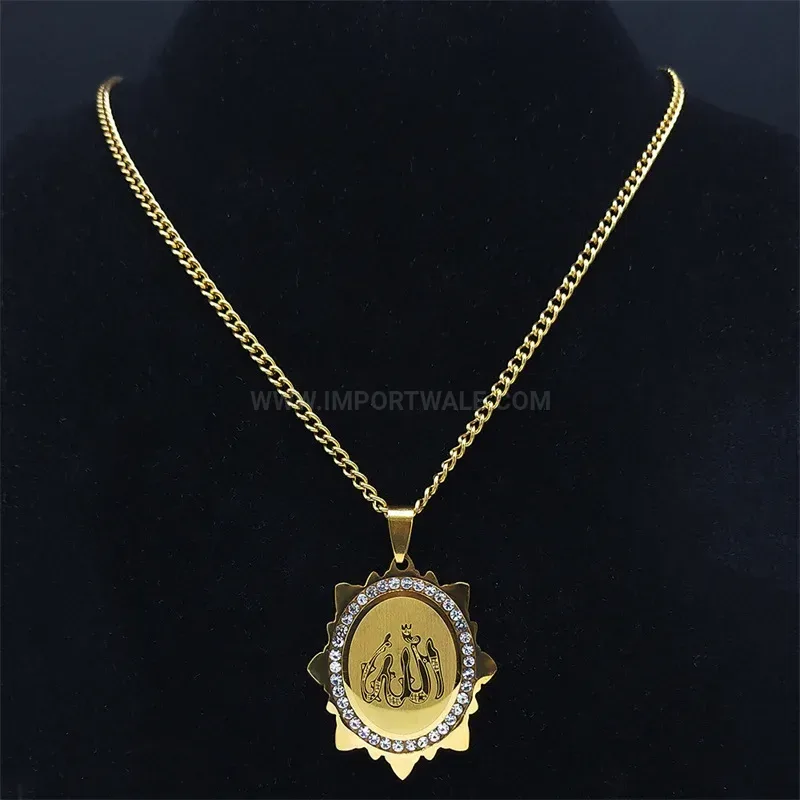 Gold Plated Stainless Steel Arabic Calligraphy Zircon Pendant Necklaces