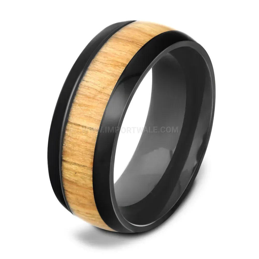 Elegant Minimalist Wood Grain Inlay Stainless Steel Band Ring
