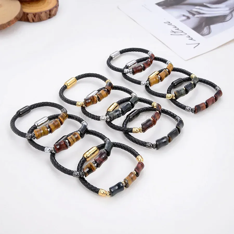 Braided Leather Wristband with Tiger Eye Stone and Stainless Steel Clasp