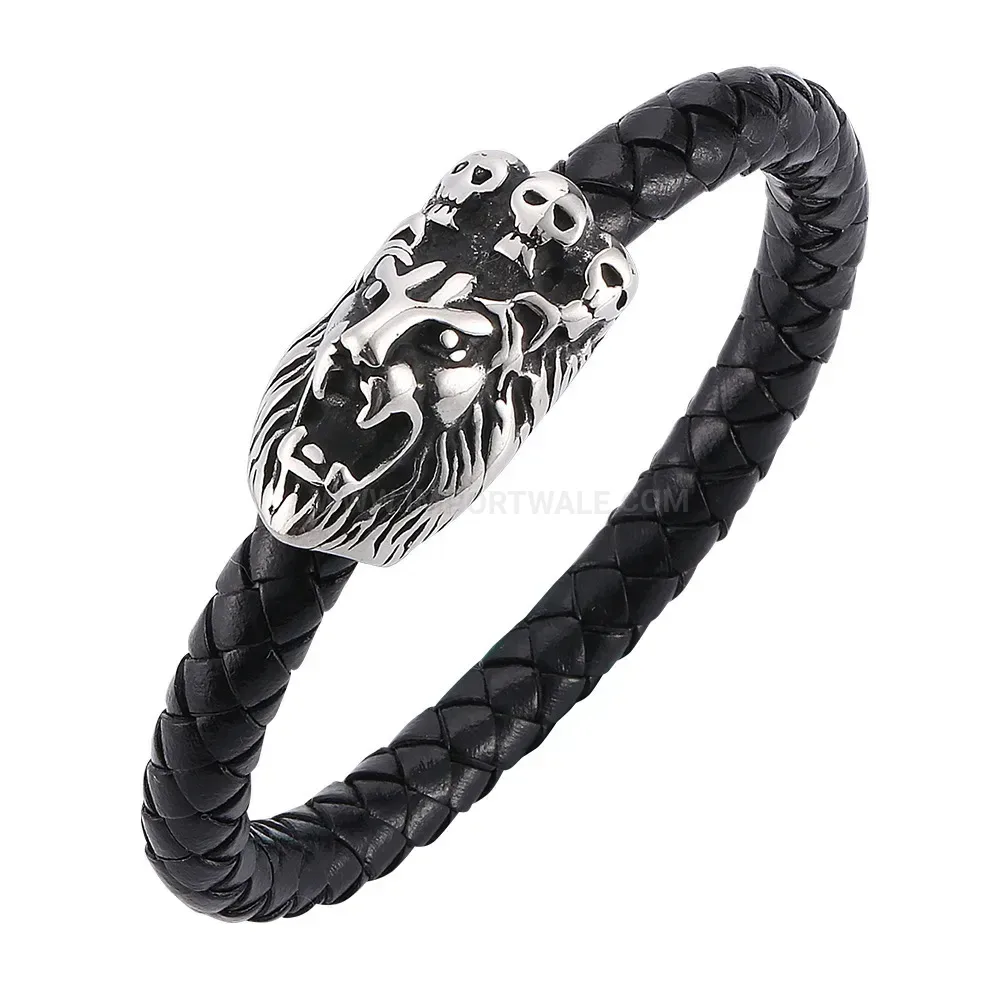 Elegant Braided Leather Lion Head Crown Bracelet with Stainless Steel Details