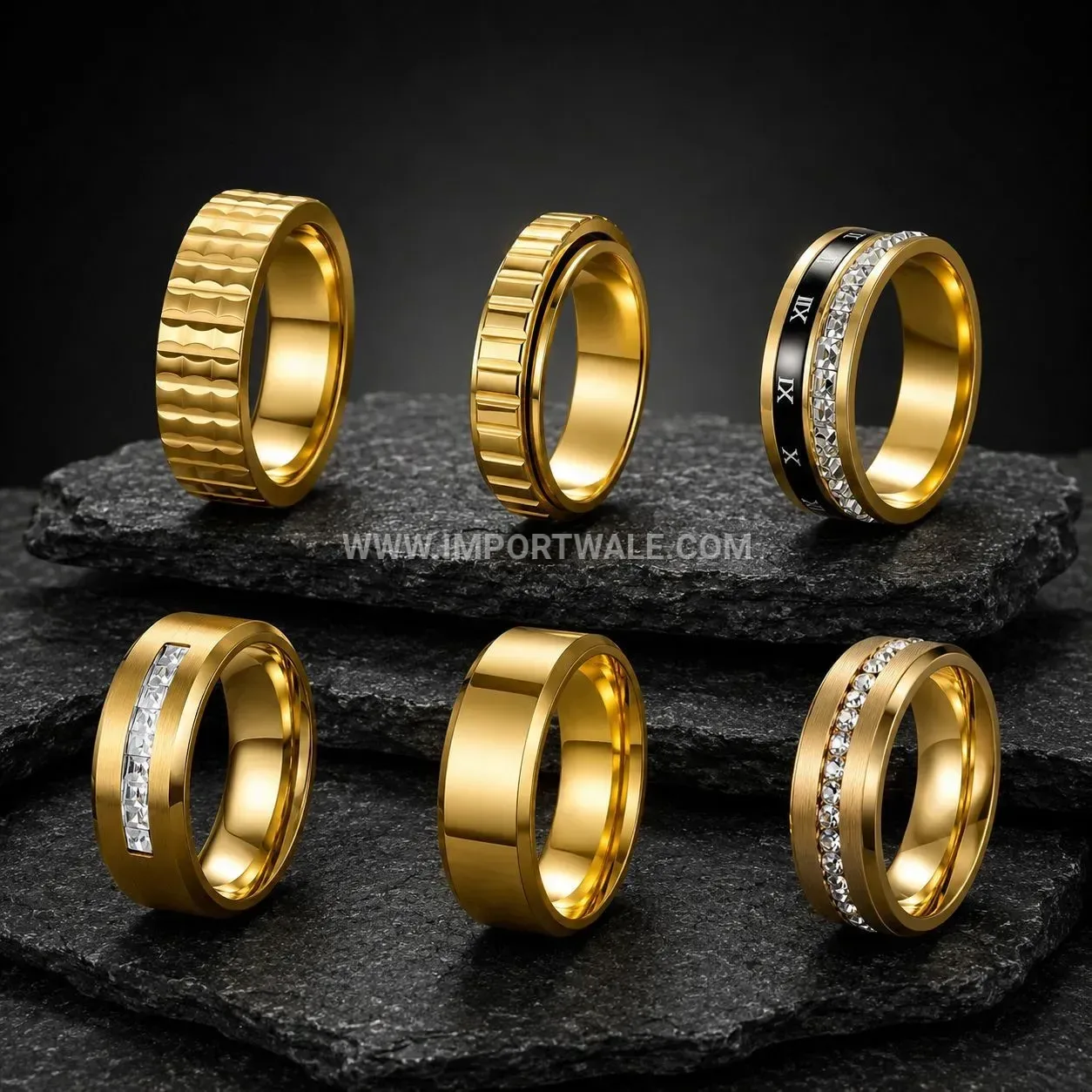 Gold Plated Stainless Steel Textured Band Ring Set