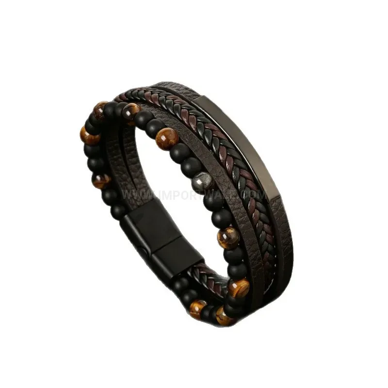 Fashion Multi Layer Braided Leather Gemstone Beaded Bracelet