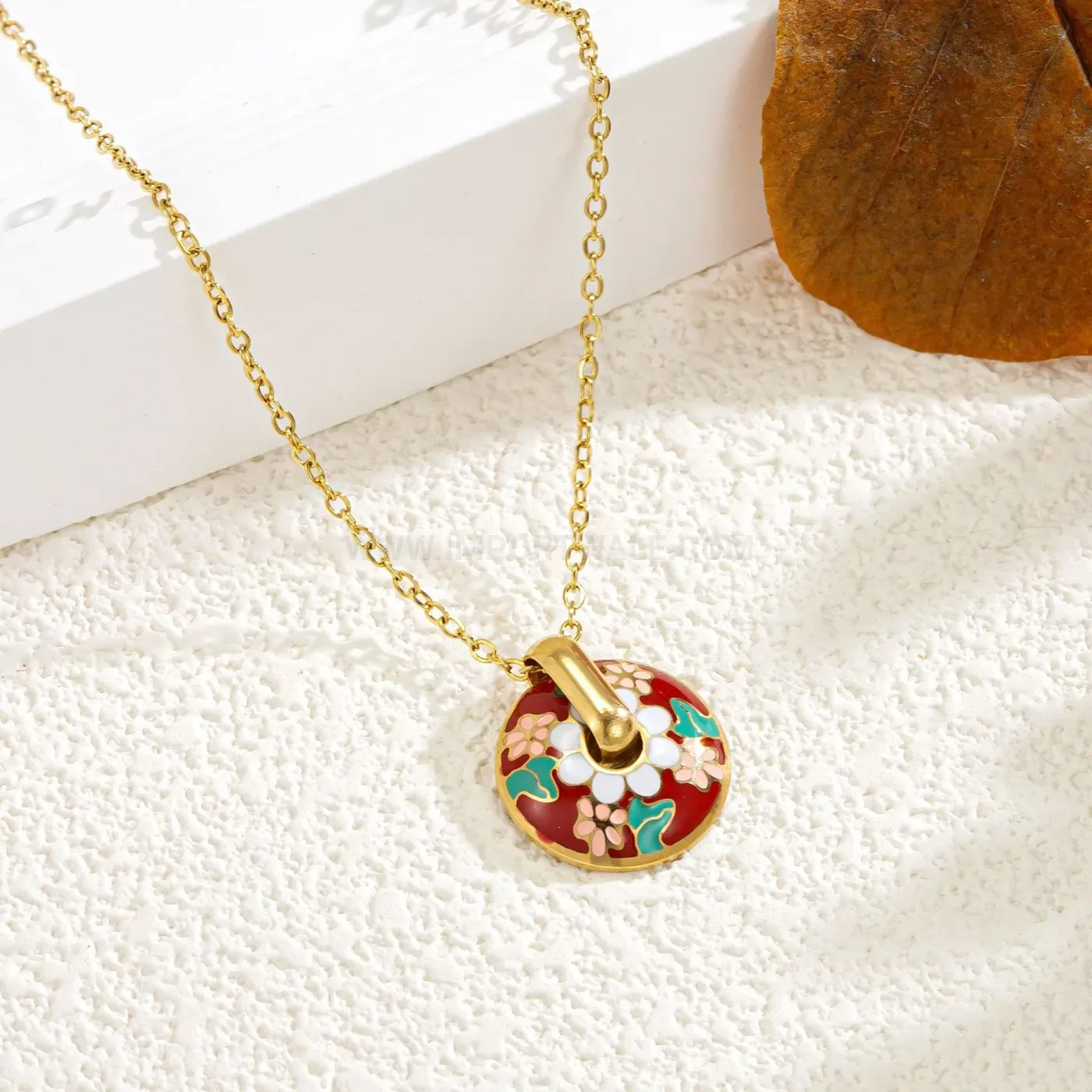 Elegant Vintage Red Flower Green Leaf Enamel Titanium Steel Necklace Set