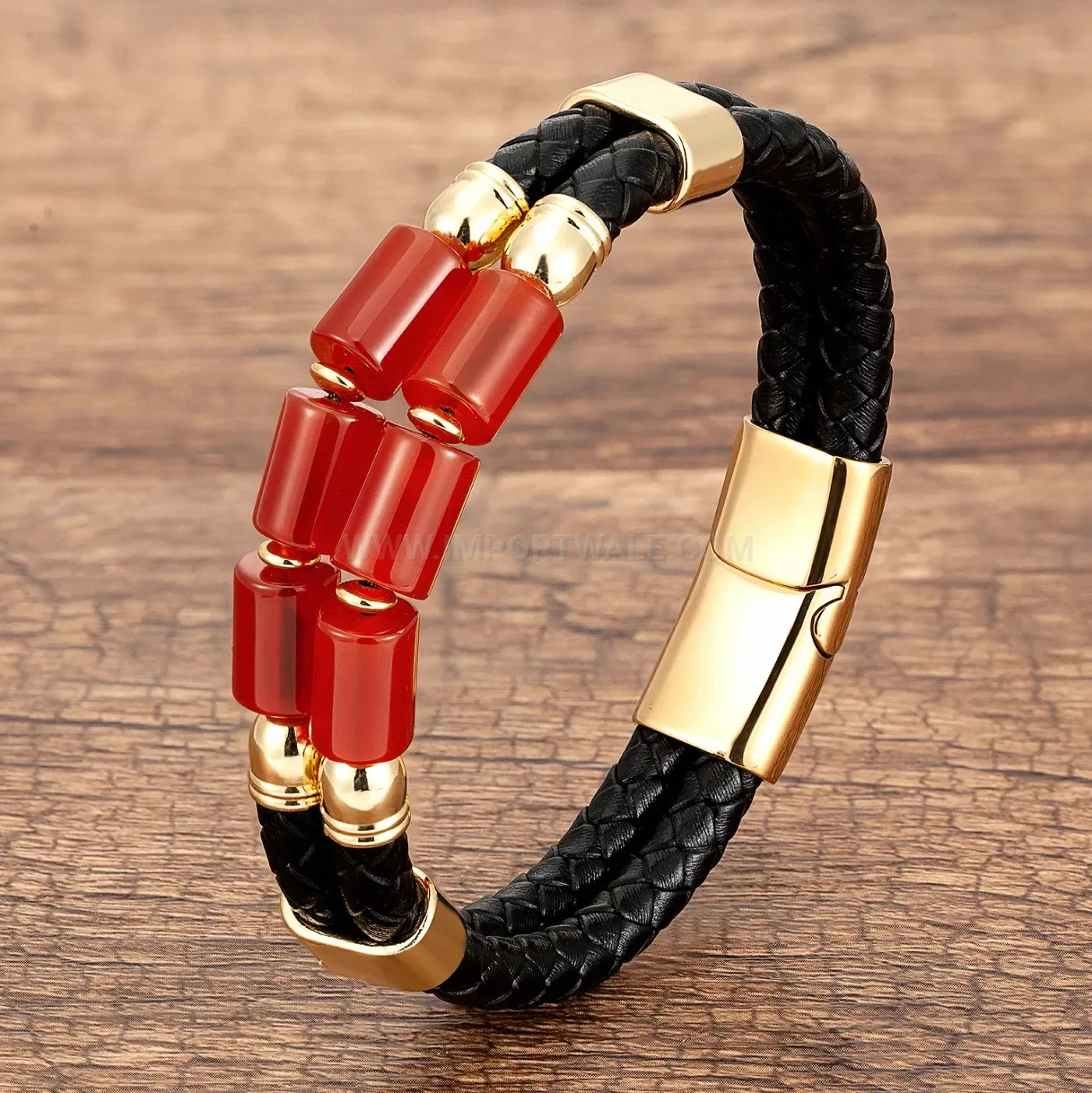 Woven Leather Stone Cuff Bracelet with Stainless Steel