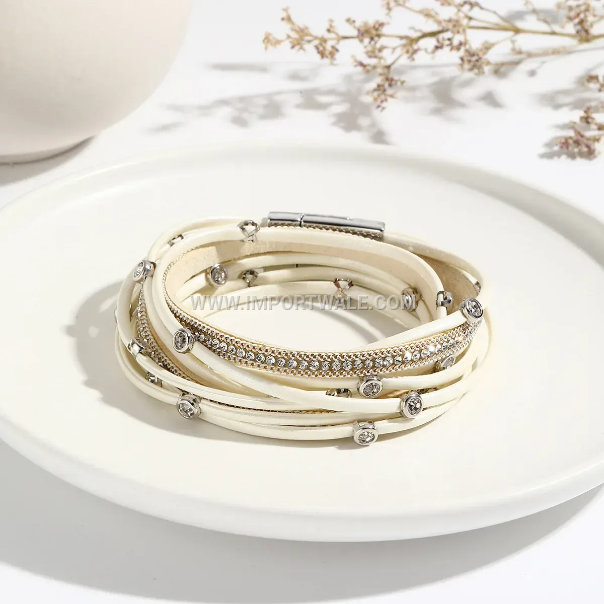 Woven Tricolor Leather Multi-Strand Bracelet with Magnetic Clasp