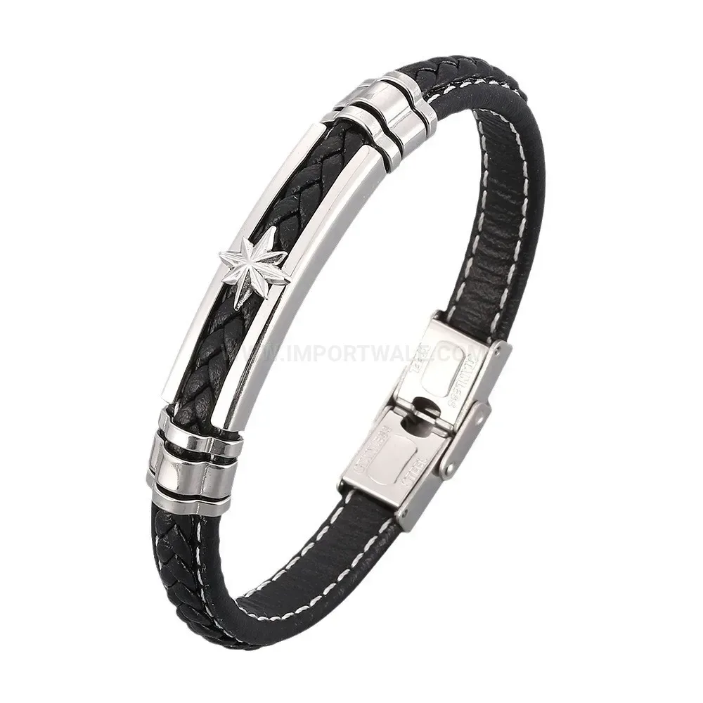 Anchor Accent Woven Leather Bracelet with Stainless Steel Detail