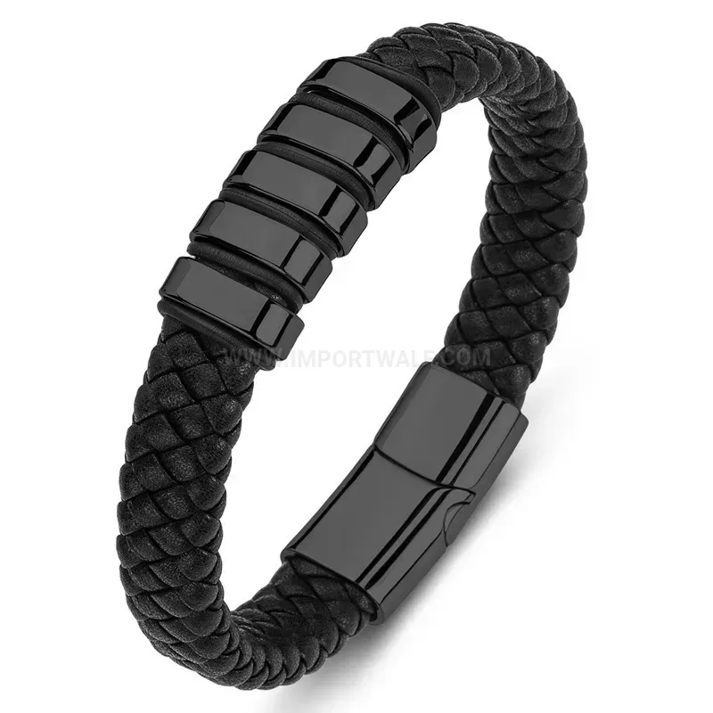 Modern Woven Leather Bracelet with Tri-Color Steel Bead Accents
