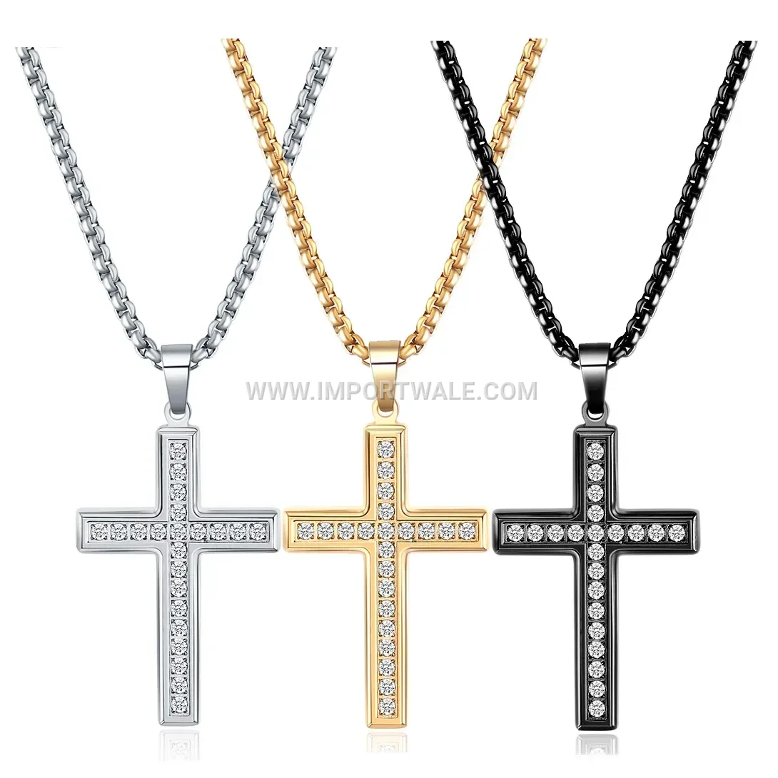 Rhinestone Embellished Stainless Steel Cross Pendant Necklace